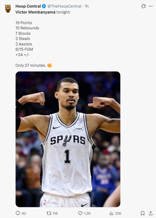 文班亚马27分钟砍19+15+7盖帽 马刺豪取7连胜冲击